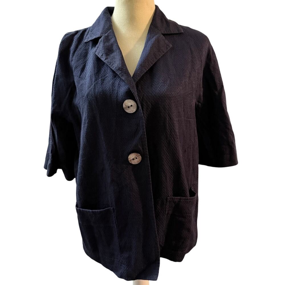 J. Jill Textured Silk Cotton Blend Jacket, 3/4 Sleeve Button Front, Navy, Medium